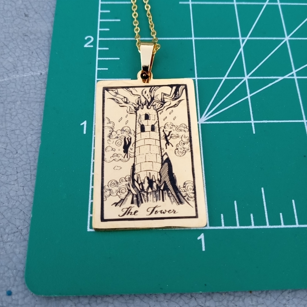 ❤️ 2/$20 The Tower Tarot Card Stainless Steel Necklace NWT Gold Version - Picture 2 of 2